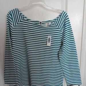 Old Navy White Teal Striped Long Sleeve Blouse